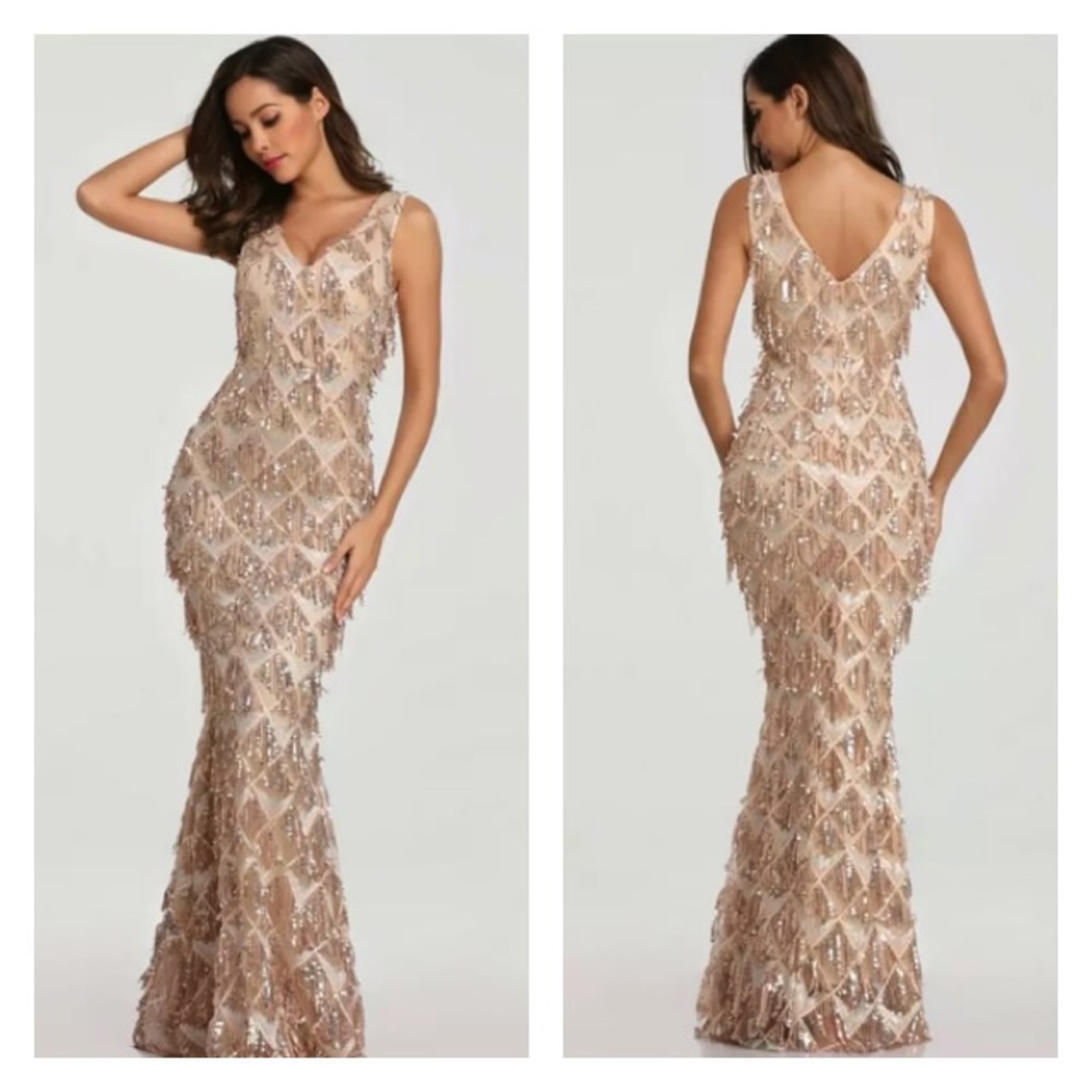 Gold Tassel Sequin Sleeveless Beaded Evening Gown - Picture 1 of 9